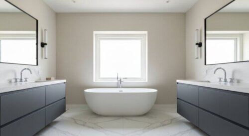 A detailed photorealistic image of a modern bathroom with a false ceiling made of plasterboard, featuring integrated LED strip lighting around the perimeter, casting a warm glow. The ceiling has discr