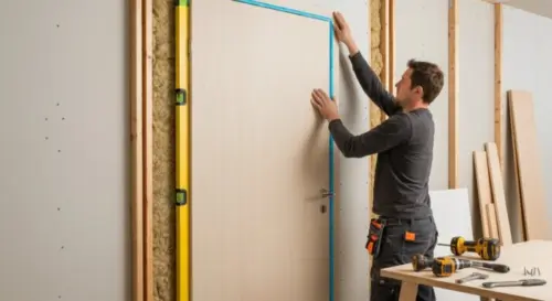 A detailed photorealistic image of a carpenter installing an acoustic interior door into a drywall partition. The door is solid-core with visible acoustic seals around the edges. The carpenter is usin