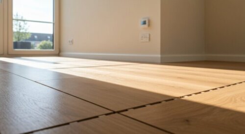 A photorealistic image of a modern living room with floating laminate flooring installed over underfloor heating, showing a close-up of the floor joints with precise spacing and a thermostat on the wa