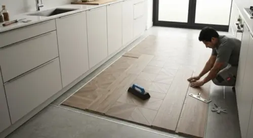 A photorealistic image of a modern kitchen with luxury vinyl tile flooring being installed over underfloor heating system, showing a worker carefully clicking planks together near cabinets, with tools