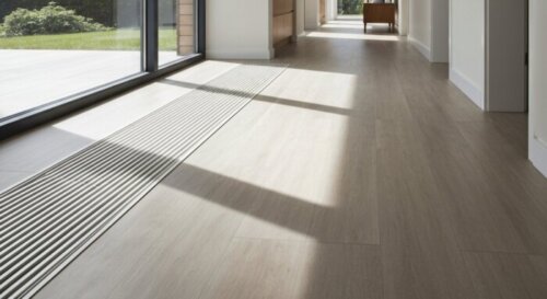 A photorealistic image of a modern hallway with high-traffic luxury vinyl tile flooring installed over underfloor heating, showing a durable and seamless surface with natural light coming from a windo