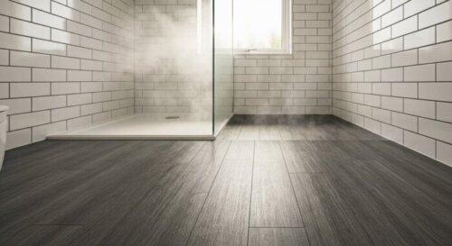 A detailed, photorealistic image of a modern bathroom with vinyl flooring installed over underfloor heating, showing a seamless, water-resistant surface near a shower area, with subtle steam effects i