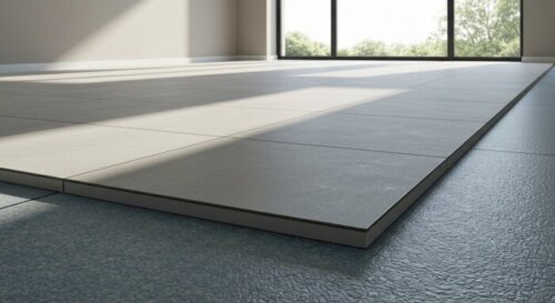 A detailed photorealistic image of a modern bathroom with porcelain tile flooring installed over underfloor heating, showing a close-up of the tile joints and a moisture barrier layer beneath, with na