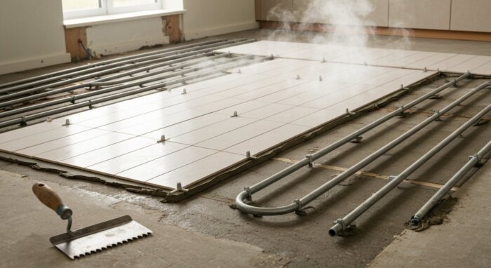 Instalación de suelo porcelánico con suelo radiante y humedad