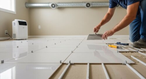 A detailed, photorealistic image of a professional installer laying luxury vinyl tile flooring over a heated floor system in a humid climate bathroom. The installer is using a notched trowel to apply