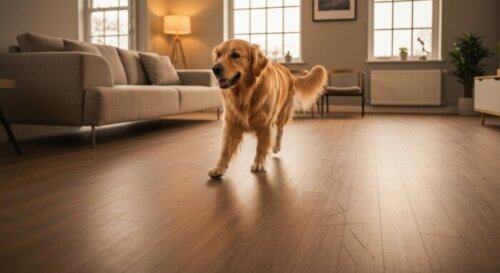 A realistic photo of a modern living room with vinyl flooring installed over underfloor heating, showing a dog walking on the floor with visible scratch-resistant texture and warm lighting, highlighti