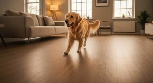 A realistic photo of a modern living room with vinyl flooring installed over underfloor heating, showing a dog walking on the floor with visible scratch-resistant texture and warm lighting, highlighti