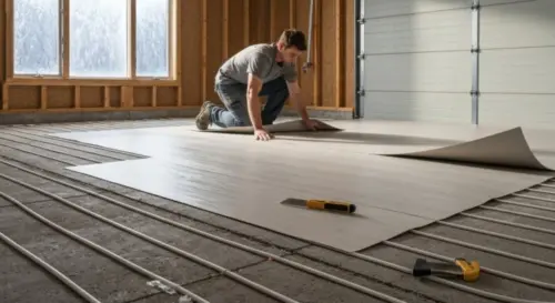 A detailed, photorealistic image of a garage interior with vinyl flooring installation in progress, showing a worker laying down vinyl sheets over a concrete subfloor with underfloor heating pipes vis