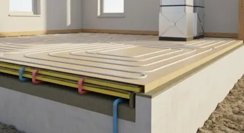 A detailed cross-section view of a high-efficiency passive house floor, showing vinyl flooring layers installed over underfloor heating pipes embedded in a leveling mortar, with perimeter insulation s