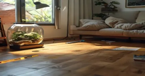 A realistic photo of a modern living room with vinyl flooring installed, showing a terrarium with a reptile inside placed on the floor, with underfloor heating elements visible during installation, na