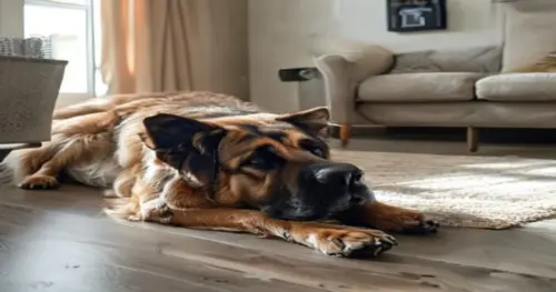 A realistic photo of a large dog, such as a German Shepherd or Labrador, lying comfortably on a modern vinyl floor in a living room with underfloor heating. The floor shows a wood-look texture, and th