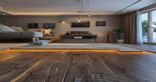 A detailed photorealistic image of a modern living room with luxury vinyl plank flooring installed over underfloor heating, showing a cross-section view of the layers including heating pipes, insulati