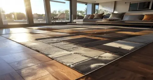 A detailed, photorealistic image of a modern living room with luxury vinyl tile flooring installed over underfloor heating, showing a cross-section view of the layers including insulation, heating pip
