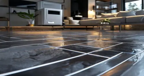 A detailed, photorealistic image of a modern living room with luxury vinyl tile flooring installed over underfloor heating, showing a cross-section view of the floor layers including insulation, heati