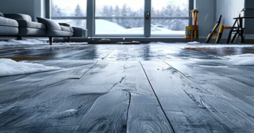 A detailed photorealistic image of a modern living room with luxury vinyl tile flooring installed over underfloor heating, showing a cross-section view of the floor layers including insulation, PEX tu