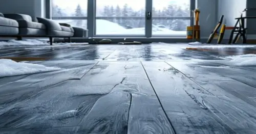A detailed photorealistic image of a modern living room with luxury vinyl tile flooring installed over underfloor heating, showing a cross-section view of the floor layers including insulation, PEX tu
