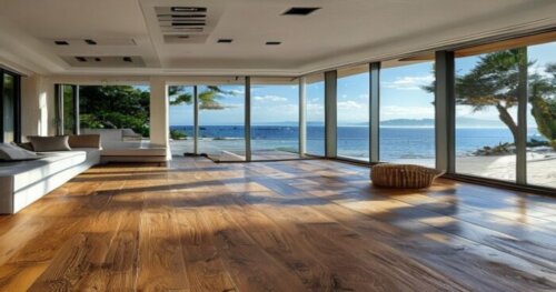 A detailed, photorealistic image of a modern Mediterranean coastal home interior with luxury vinyl plank flooring installed over underfloor heating. The room shows seamless integration with a mechanic