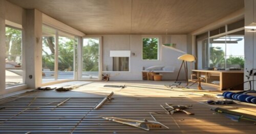 A detailed, photorealistic image of a modern coastal home interior with vinyl flooring installation in progress, showing radiant heating pipes embedded in a subfloor, with ventilation displacement gri