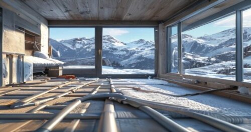 A detailed, photorealistic image of a modern mountain house interior with vinyl flooring installation in progress, showing radiant heating pipes laid out on insulation panels, with tools like a trowel