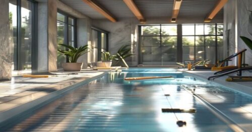 A detailed, photorealistic image of a modern indoor pool area with vinyl flooring installation in progress, showing radiant heating panels being laid on a prepared subfloor, with tools like a trowel a