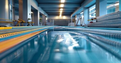 A detailed, photorealistic image of a modern indoor swimming pool area with vinyl flooring installed, showing radiant heating tubes embedded in the subfloor before the vinyl is laid, with moisture bar