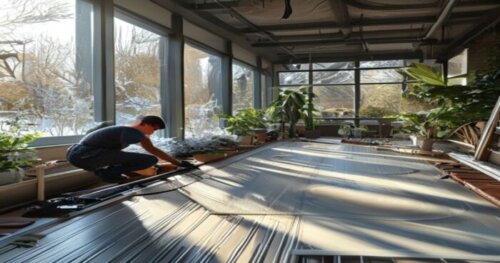 A detailed, photorealistic image of a modern winter garden with large glass windows, showing vinyl flooring installation in progress over underfloor heating pipes. A professional installer is kneeling