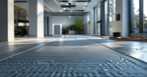 A detailed, photorealistic image showing a cross-section of a floor installation in a modern house: vinyl flooring being laid over underfloor heating pipes on a moisture barrier, with rainwater collec