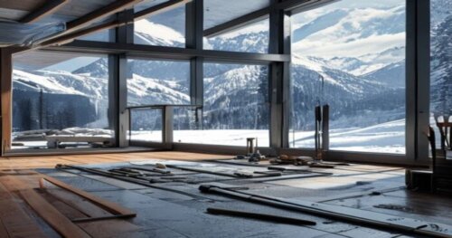 A detailed photorealistic image of a modern alpine house interior with luxury vinyl tile flooring installed over underfloor heating system, showing snow-covered mountains visible through large windows