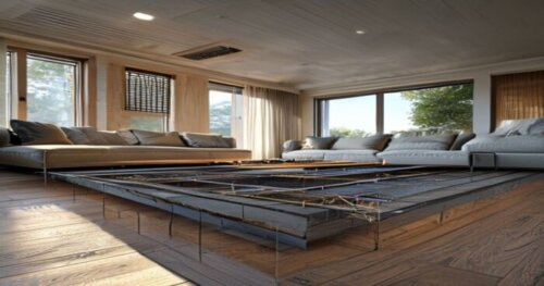 A detailed, photorealistic image of a modern living room with vinyl plank flooring installed over underfloor heating, showing a cross-section view of the layers including insulation, heating cables, a