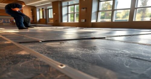 A detailed, photorealistic image of a professional installer laying luxury vinyl tile flooring in a modern auditorium setting, with underfloor heating tubes visible on the prepared subfloor before cov