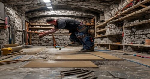 A detailed, photorealistic image of a professional installer laying luxury vinyl tile (LVT) flooring in a rustic underground wine cellar. The scene shows the installer using a notched trowel to apply