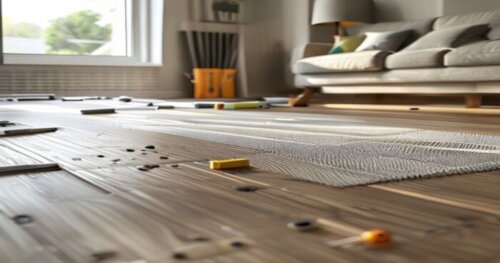 A detailed, photorealistic image of a modern living room with vinyl flooring installation in progress, showing click-lock planks being laid over a subfloor with visible underfloor heating mesh. Natura