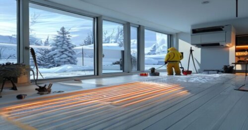 A photorealistic interior scene of a modern home in a polar climate, showing vinyl flooring with underfloor heating installation in progress. The floor has visible radiant heating tubes laid out evenl