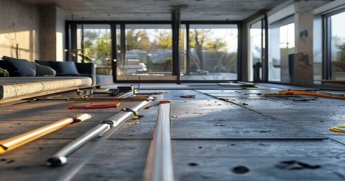 A detailed, photorealistic image of a modern living room with vinyl flooring installation in progress, showing radiant heating pipes embedded in a concrete subfloor, with solar thermal collectors visi