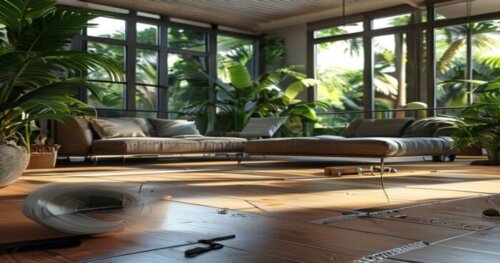 A detailed, photorealistic image of a modern living room in a tropical climate, showing vinyl flooring installation with underfloor heating elements partially visible during construction, with tools l