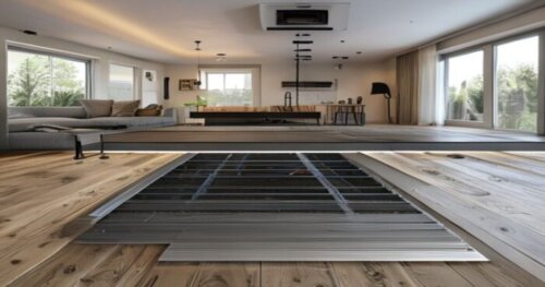 A detailed, photorealistic image of a modern living room with vinyl flooring installed over underfloor heating, showing a cross-section view revealing the layers: vinyl planks, self-leveling mortar, r