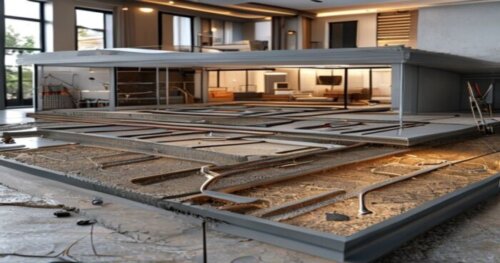 A detailed cross-section view of a modern home floor showing layers: geothermal ventilation pipes embedded in soil, insulation panels, underfloor heating pipes in a serpentine pattern, decoupling memb