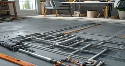 A detailed, photorealistic cross-section view of a modern home floor showing vinyl flooring installed over underfloor heating pipes, with greywater heat recovery pipes integrated below, all in a clean