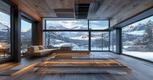 A detailed, photorealistic image of a modern mountain house interior with luxury vinyl tile flooring installed over underfloor heating, showing a cross-section view of the layers including heating ele