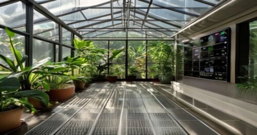 A realistic photo of a modern domestic greenhouse interior with luxury vinyl tile flooring installed, showing a radiant heating system mesh partially visible under a transparent layer, with potted pla