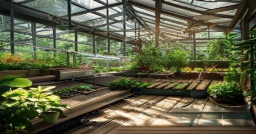 A realistic photo of an urban greenhouse interior with aquaponics system, showing vinyl flooring installation over radiant heating panels, plants growing in raised beds, and fish tanks in the backgrou