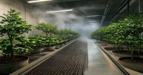 A realistic photo of an underground greenhouse interior with luxury vinyl tile flooring installed over a radiant heating system, showing neat rows of truffle host trees like oaks in pots, with subtle