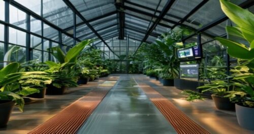 A realistic photo of a modern botanical research greenhouse interior, showing a smooth vinyl floor installation with visible radiant heating tubes embedded in a leveling compound, surrounded by lush e