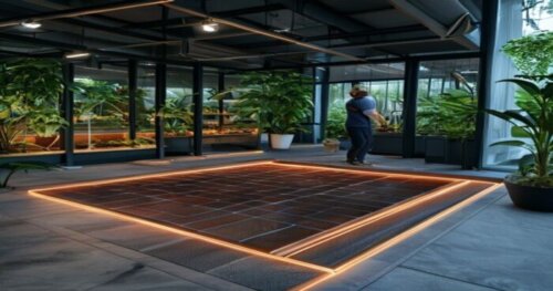 A photorealistic image of a modern botanical research greenhouse interior with controlled conditions, showing a technician installing luxury vinyl tile flooring over a radiant heating system on a conc