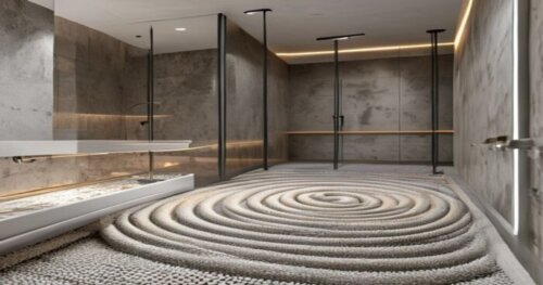 A photorealistic interior shot of a modern bathroom under renovation, showing exposed floor heating pipes (PEX tubes) laid in a spiral pattern on insulation panels, with a sleek frameless shower enclo