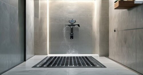Photorealistic close-up of a modern bathroom shower enclosure with a hidden drain system, installed on a porcelain tile floor. The drain is a sleek linear channel integrated into the shower frame, wit