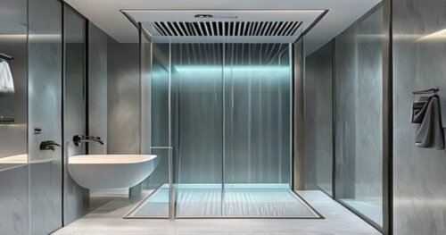 A realistic photo of a modern bathroom with a walk-in shower enclosure featuring an automatic drying system. The shower has sleek glass panels with a subtle ventilation grille at the bottom. No water