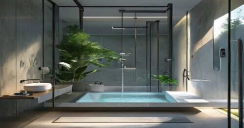 A modern bathroom with a glass shower enclosure, a sleek water recycling unit visible under the shower tray, pipes connecting to a filtration system, eco-friendly design, natural light, photorealistic