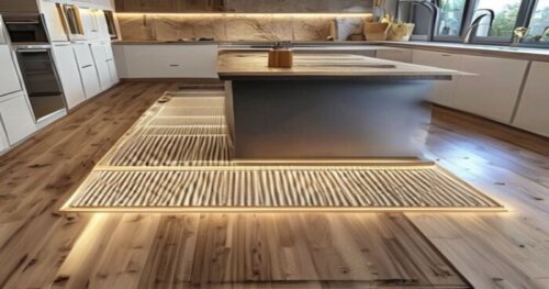 Photorealistic view of a modern kitchen with a central island, partially finished floor showing floating laminate planks being installed over an electric radiant heating system. Visible: heating mats