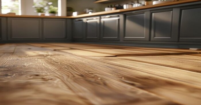 Tarima flotante sobre suelo radiante eléctrico en cocina con isla